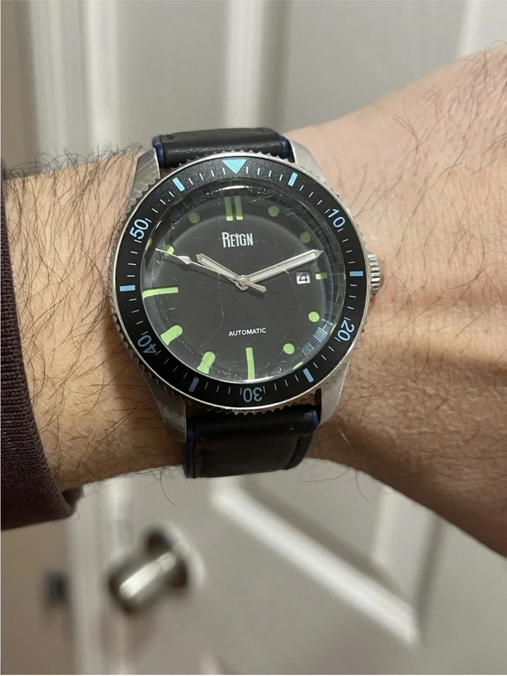 Reign Elijah Automatic Men's Diver Watch 42mm Black/Blue Leather Rubber